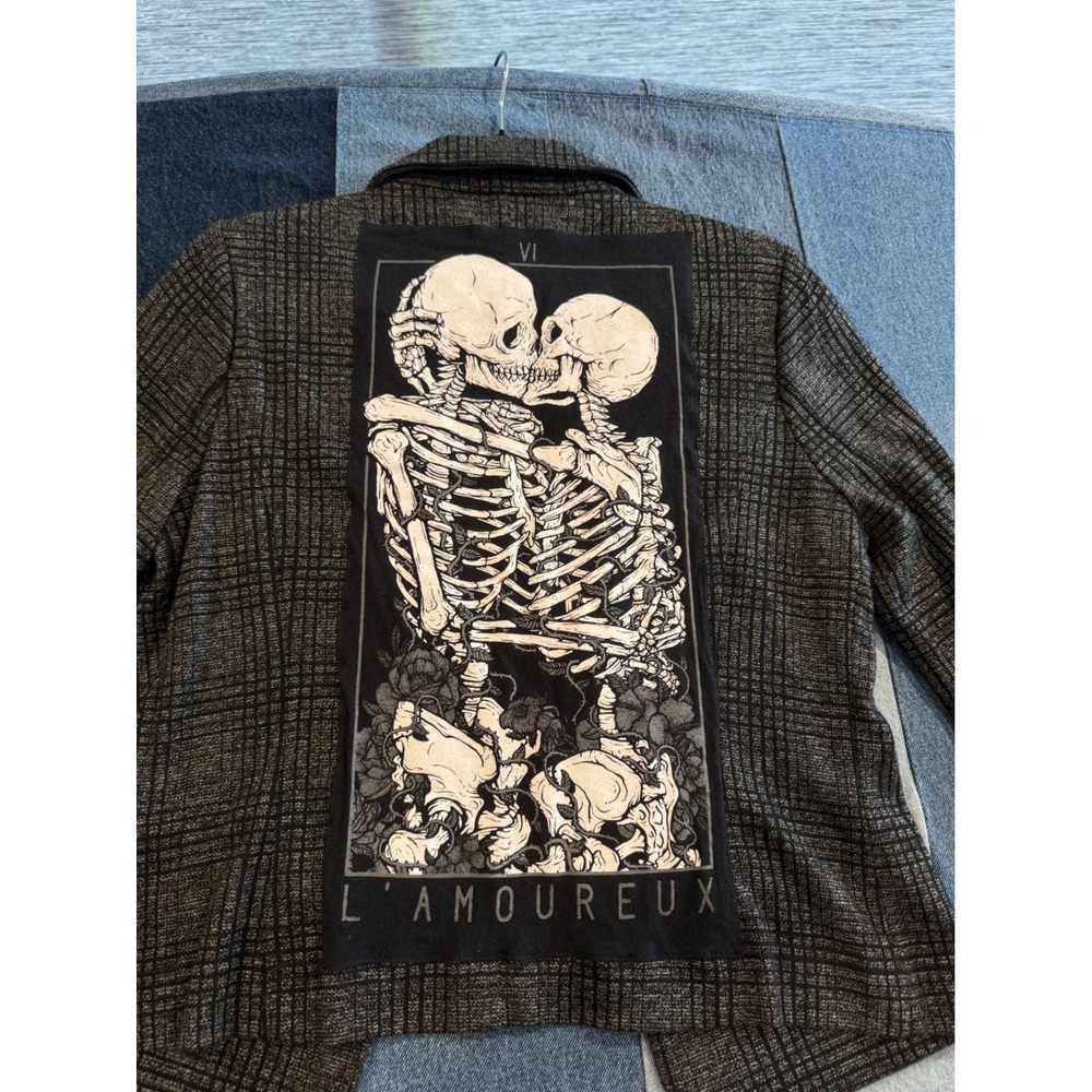 CRTV LTRCY Upcycled Tarot Skeleton Blazer Jacket Womens 10 L Amoureux Plaid Grey
